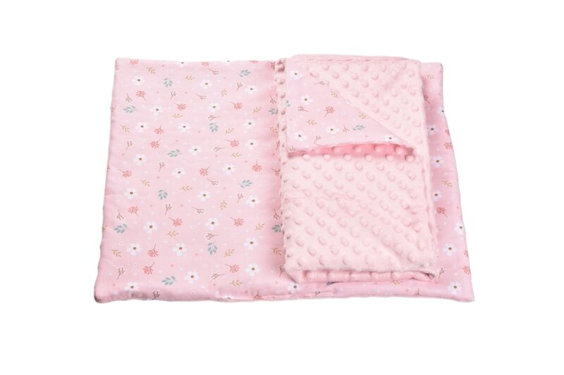 Lenjerie 3 piese patut 120x60 cm model floricele si plus minky roz